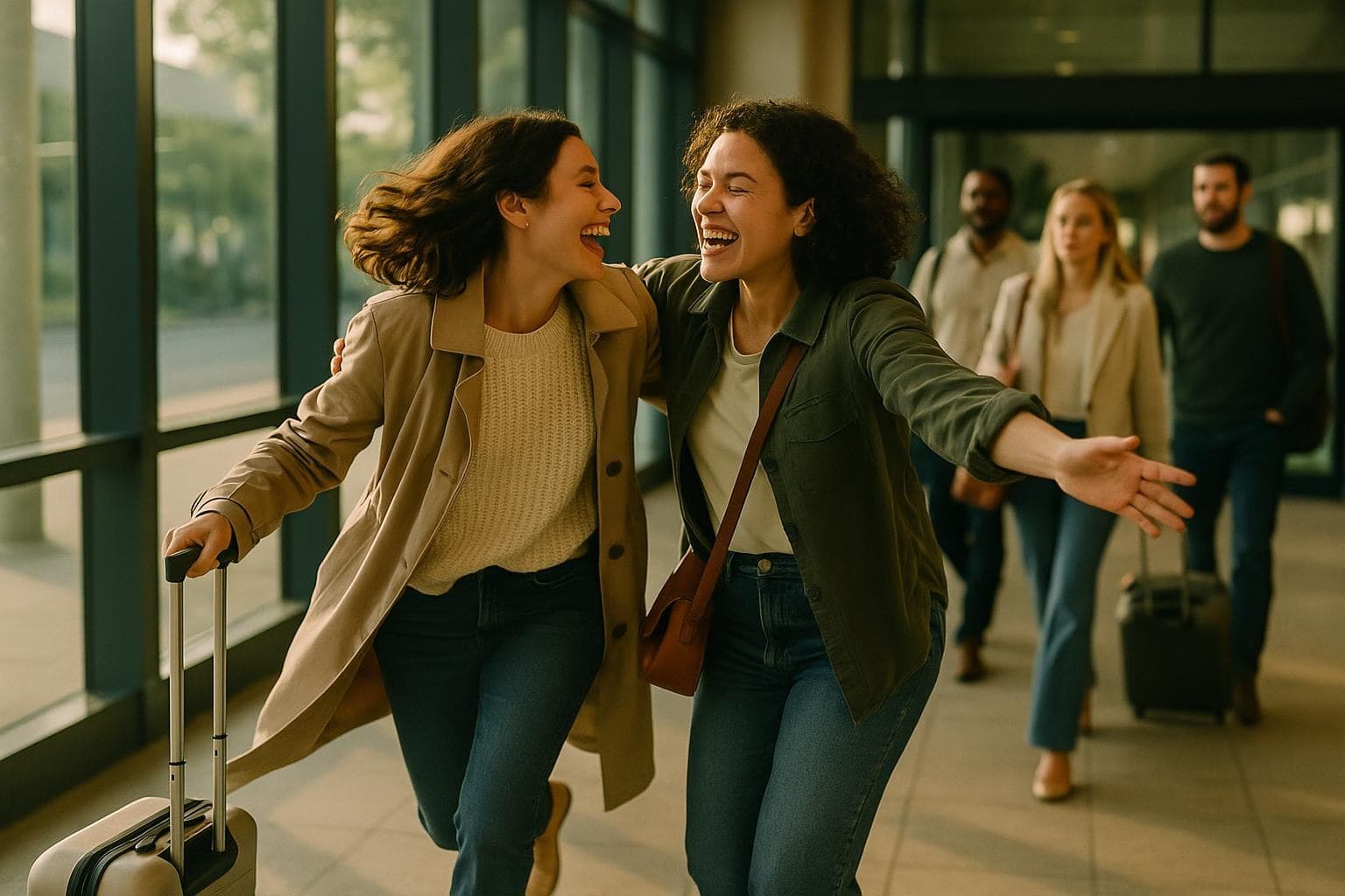 Two friends hugging at an airport arrivals gate