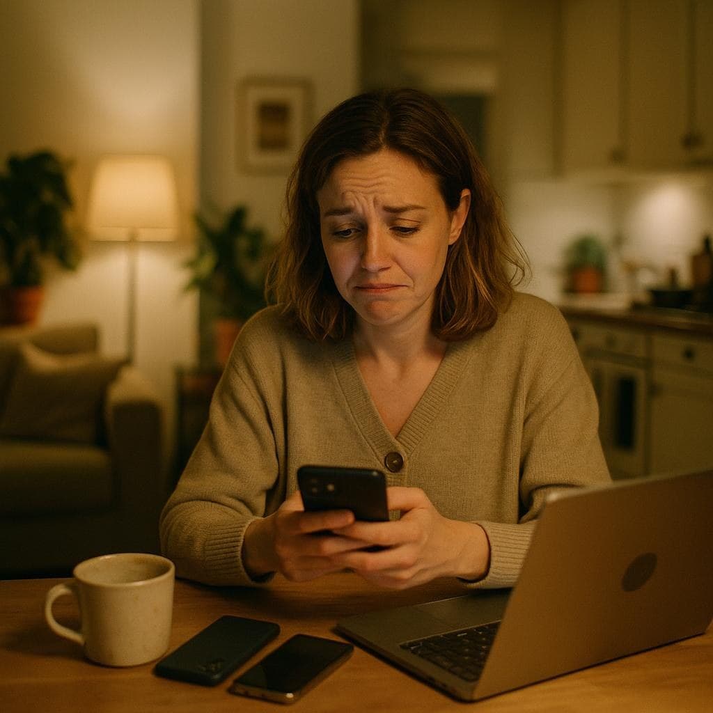 A founder at her kitchen bench late in the evening, laptop open, two phones beside her, wincing at a missed birthday