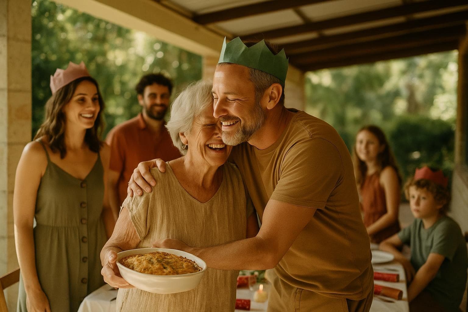 A family Christmas lunch under a verandah, a son hugging his mother as she arrives