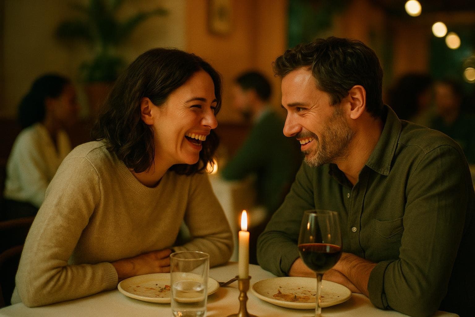 A couple at a candlelit dinner, leaning in towards each other