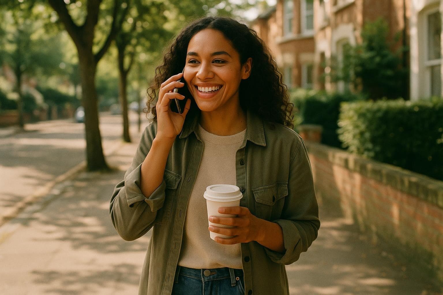 A woman walking a leafy street on a Sunday morning, coffee in hand, on the phone to her mum