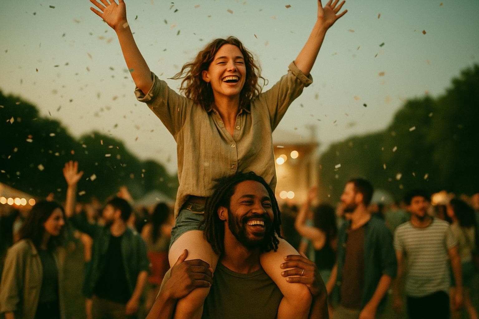 Two friends at a festival at dusk, one on the other's shoulders, confetti in the air