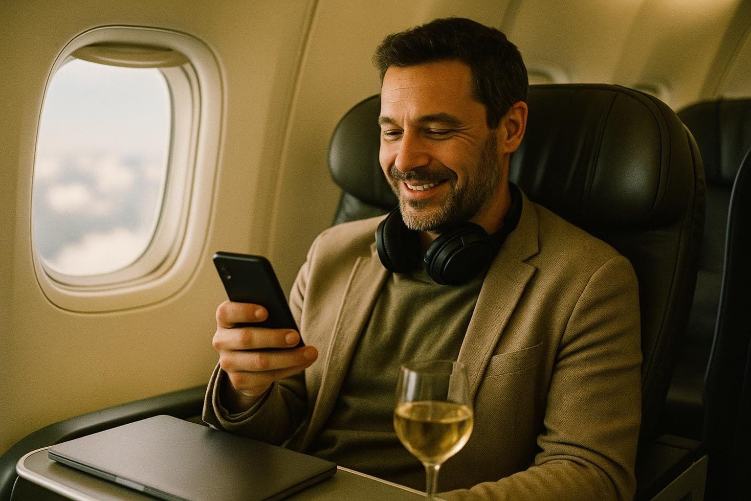 A man in a business class seat by the window, smiling at a message