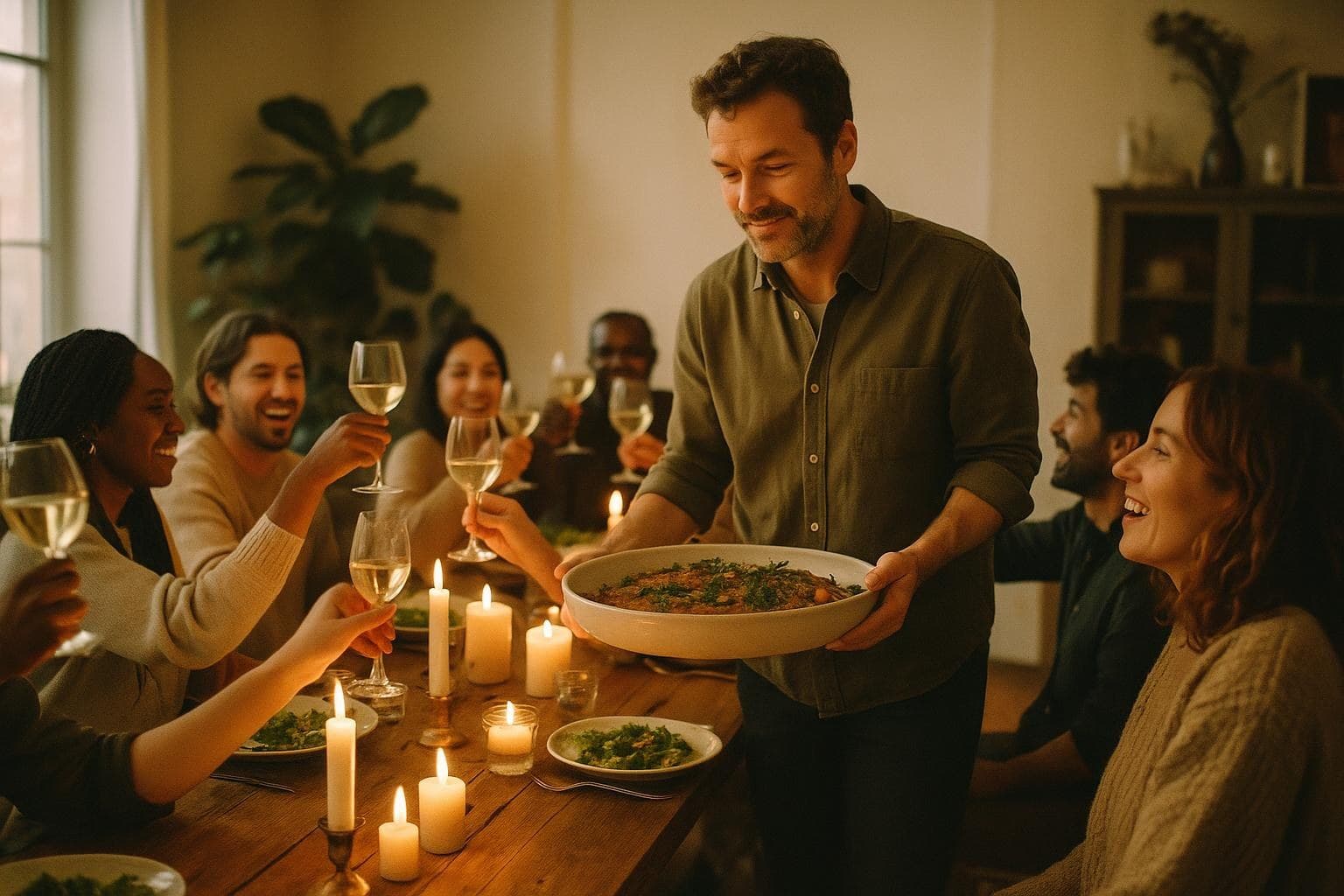 A man carrying a dish to a long table of friends mid-toast