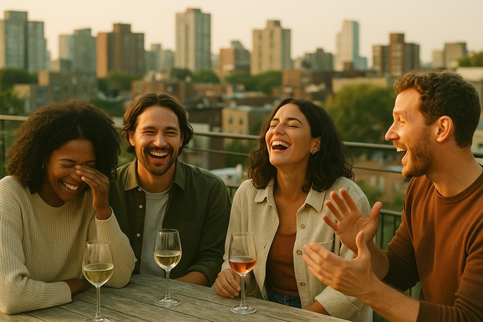 Four friends laughing around a rooftop table at golden hour