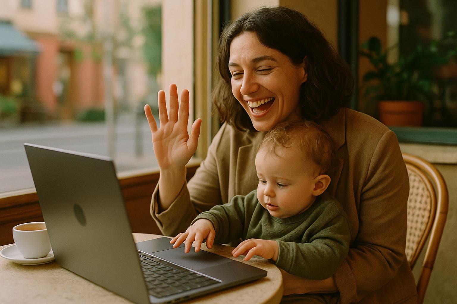 A woman on a laptop video call in a cafe in a new city, a toddler on her lap
