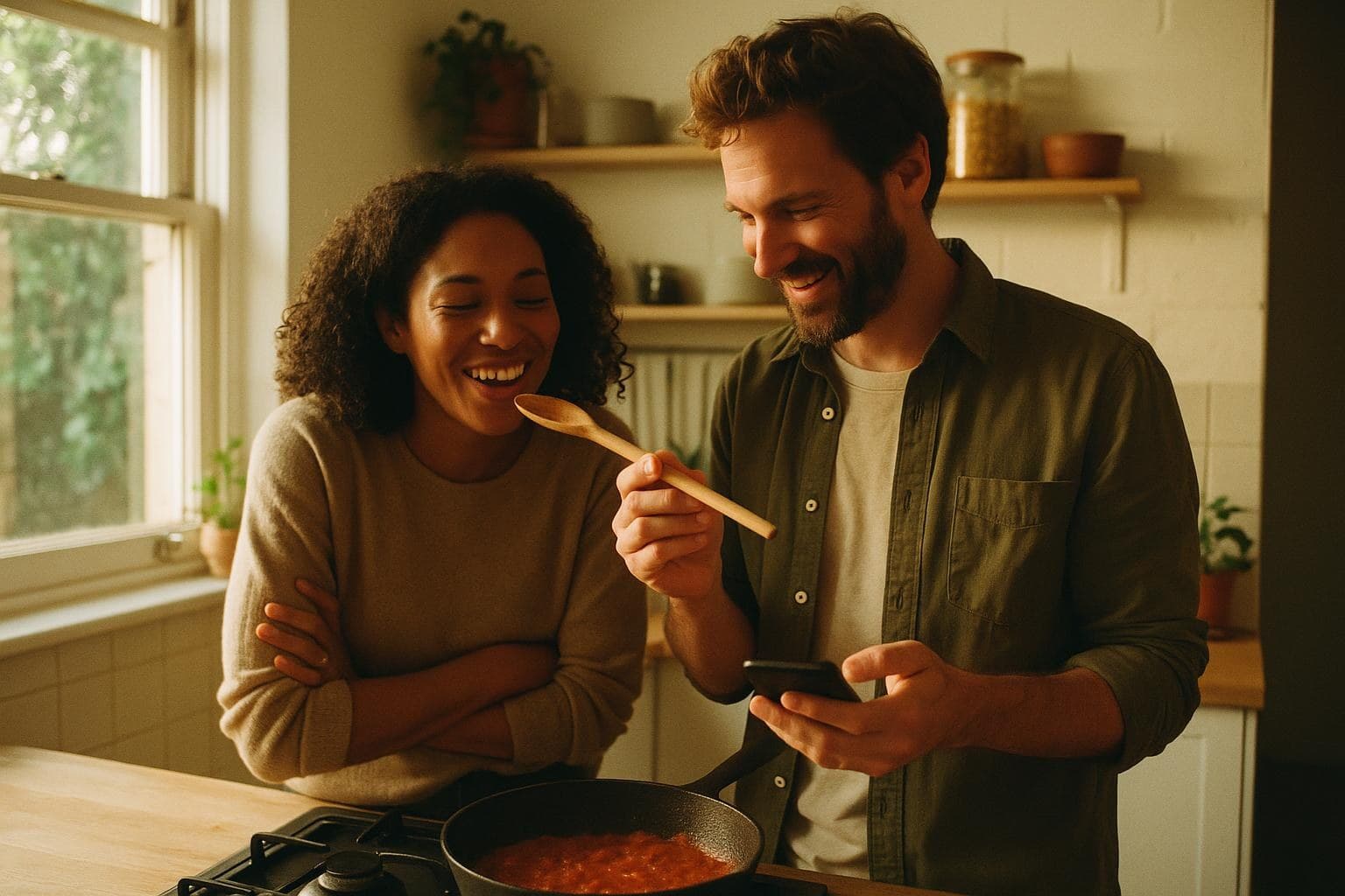 A couple cooking dinner together in a small kitchen, laughing